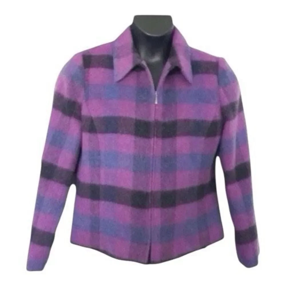 Dressbarn  Vintage Women Purple Plaid Retro Jacket Blazer Size 12 Wool Blend